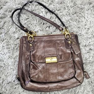 Coach Brown Leather Handbag with Zipper Extention Sides Gold Hardware Accents